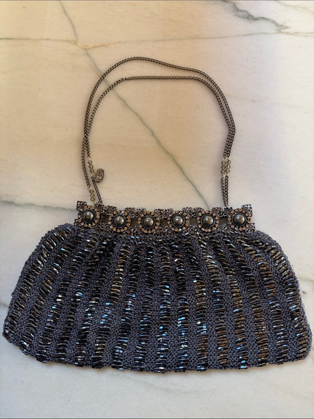 CLARA KASAVINA handmade Beaded Evening Clutch Handbag w chain in Gunmetal